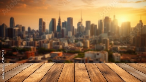 The empty wooden table top with blur background of city skyline. Exuberant image. generative ai