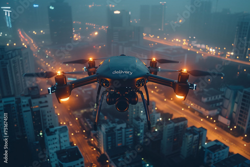 Futuristic delivery drone flying over city at night