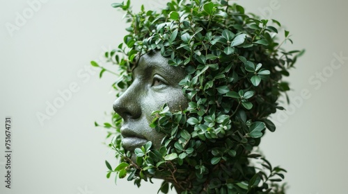 Close-up portrait of a female sculpture made of green leaves