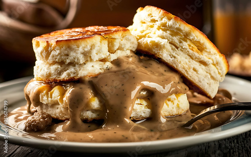 Capture the essence of Biscuits and Gravy in a mouthwatering food photography shot