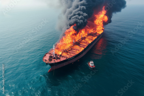 An oil tanker was hited, struck by an unmanned aerial vehicle, resulting in a fire aboard the vessel. photo