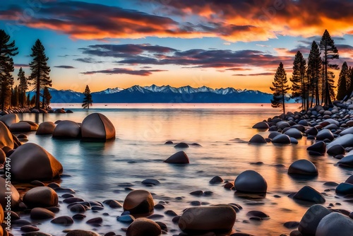 sunset over the river, Immerse yourself in the stunning beauty of Lake Tahoe's panoramic beach landscape as the tranquil waters meet the golden shores under the vast sky
