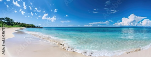 panoramic sandy beach and clear blue skies, banner format, copy space