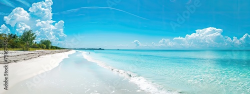 panoramic sandy beach and clear blue skies, banner format, copy space