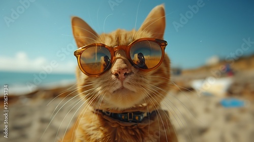 Felidae Cat in sunglasses lounging on sandy beach under the sky © Наталья Игнатенко