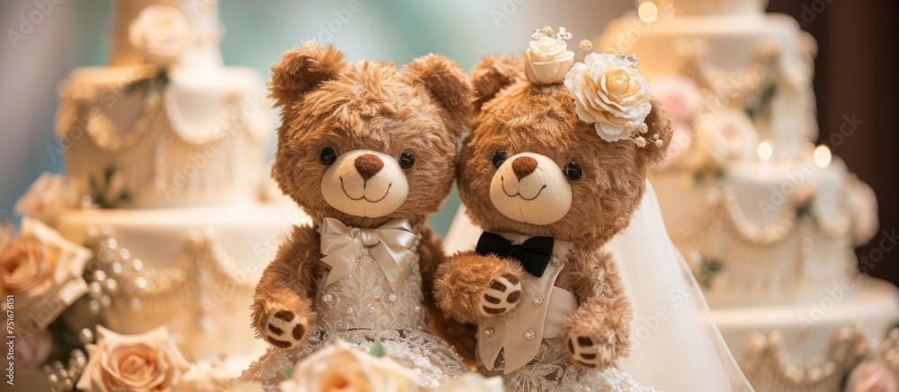 Two adorable teddy bears standing next to a beautifully decorated wedding cake in a romantic setting
