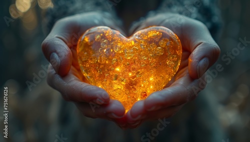 Hands holding a glowing heart, warmth, love, care.