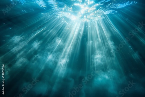 The suns rays penetrate the oceans surface, creating a dazzling effect as they illuminate the water below. The light refracts and dances, highlighting the depths of the sea.