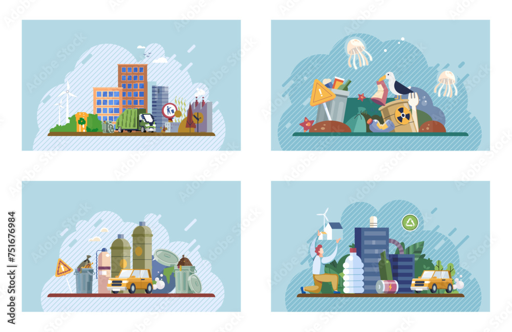 Waste pollution. Vector illustration. The accumulation junk and trash contributes to problem waste pollution Proper waste management is crucial to prevent release hazardous substances into environment Waste pollution. Vector illustration. The accumulation junk and trash contributes to problem waste pollution Proper waste management is crucial to prevent release hazardous substances into environment