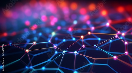 3D render of a colorful glowing nanotechnology grid with depth of field, forming a computer-generated abstract background. photo