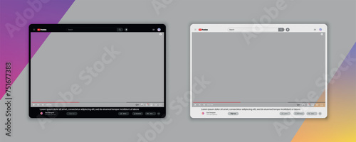 Youtube video template mockup. Youtube app interface blank video screen frame. Social media concept. Mockup video channel. Vector illustration photo
