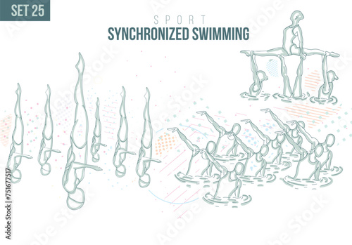 Synchronized swimming sport Tournament Summer Games, synchrony swimmers team in swimming pool games sport hand-drawn doodles. vector illustration set game background 