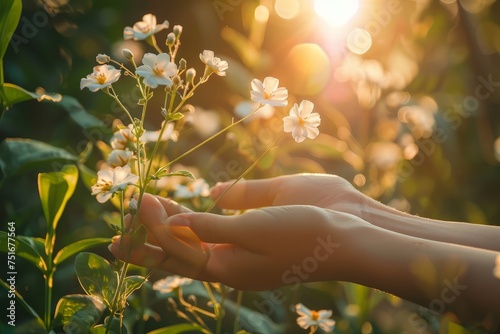 A person is holding a delicate flower in their hands, gently cradling it with care. The hands are close together, creating a frame for the flower in the center.