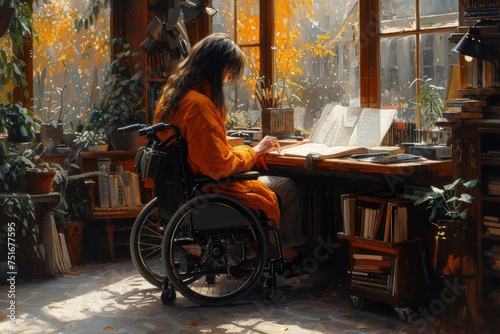 Woman in a wheelchair at home, engaging in creative work in a cozy, artistic space.