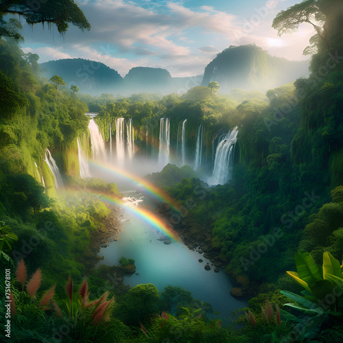 A Rainbow Over a Waterfall Surrounded  Cloudy Sunny