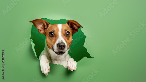 A cute brown and white dog's face peeking through a ripped hole in a solid green colored paper background © Fxquadro
