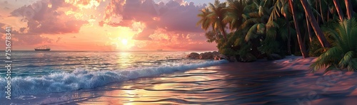 Sunset with palm trees on beach, landscape of palms on sea island. AI generated illustration