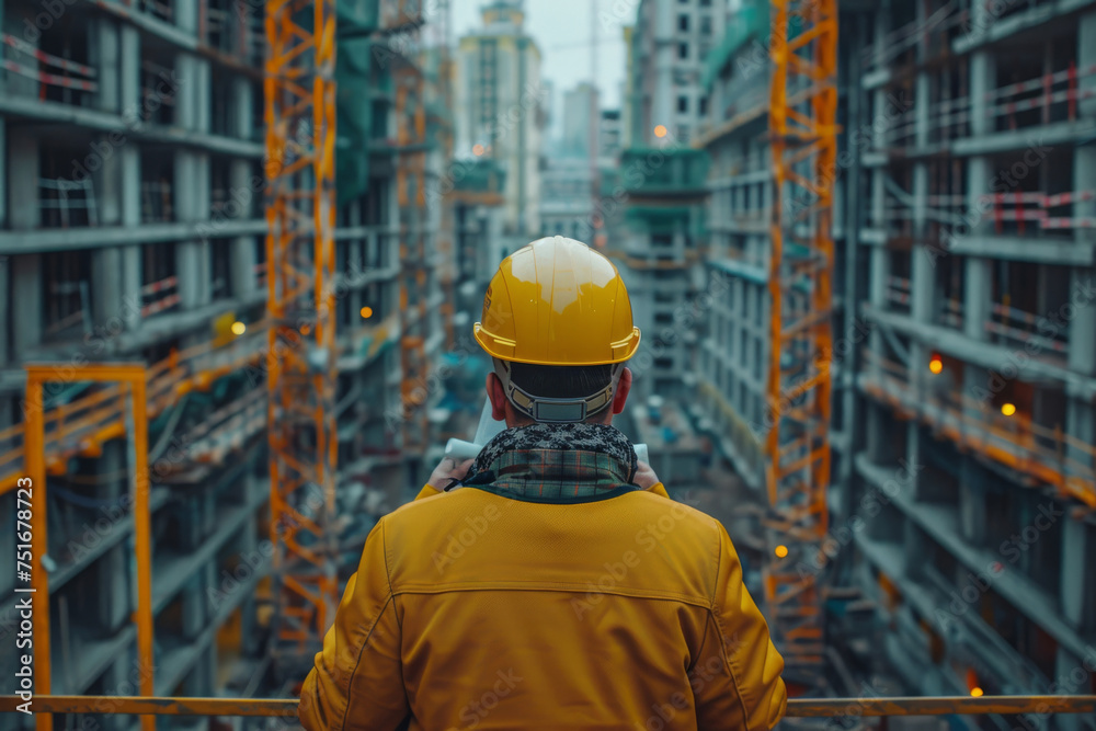 An engineer wearing yellow hard hat, blueprints in hand, looking out over the construction site An engineer wearing yellow hard hat, blueprints in hand, looking out over the construction site