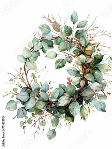 Eucalyptus wreath with a variety of leaves watercolor botanical illustration