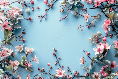 Spring floral border delicate pink blossoms and greenery on blue