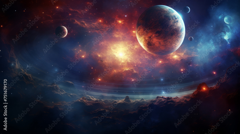 This breathtaking space illustration captures a stunning scene with planets, stars, and nebulae, conveying a sense of wonder and the vastness of the universe