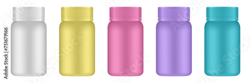Set of small medical pill bottles. White, yellow, pink, violet and blue jars. Plastic medicine container. 3d mockup of a pharmaceutical packaging	