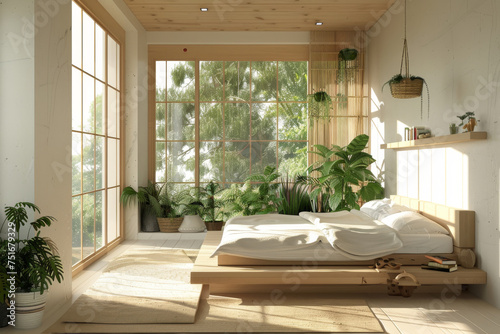 A bedroom with a minimalist approach  featuring organic materials in a green and white palette