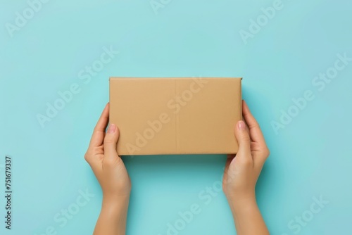 A person is holding a cardboard box in their hands against a plain blue background. The box is being held upright, and the persons face is not visible. © pham