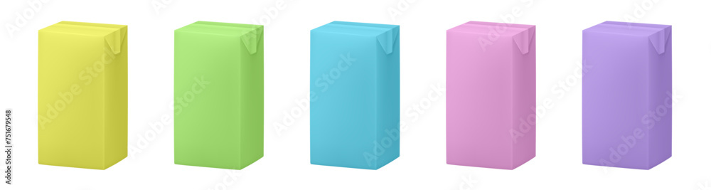 Set of juice or milk cardboard package. Vector mockup . Carton package. Yellow, green, blue, pink and purple boxes for dairy products. Banana, strawberry, vanilla, wildberry or bubble gum milkshake Set of juice or milk cardboard package. Vector mockup . Carton package. Yellow, green, blue, pink and purple boxes for dairy products. Banana, strawberry, vanilla, wildberry or bubble gum milkshake