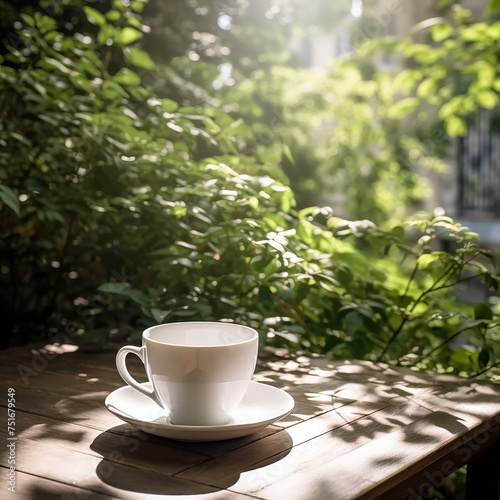 A serene outdoor scene with a white coffee cup placed on a garden bench bathed. Ai generated