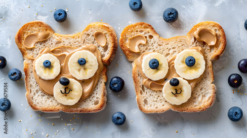 Food for kids, bear face toast with banana and peanut butter photo