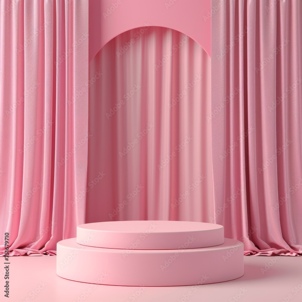 Pink fashion cosmetic podium presentation stand for product showcase featuring blank pastel backdrop for advertising displays