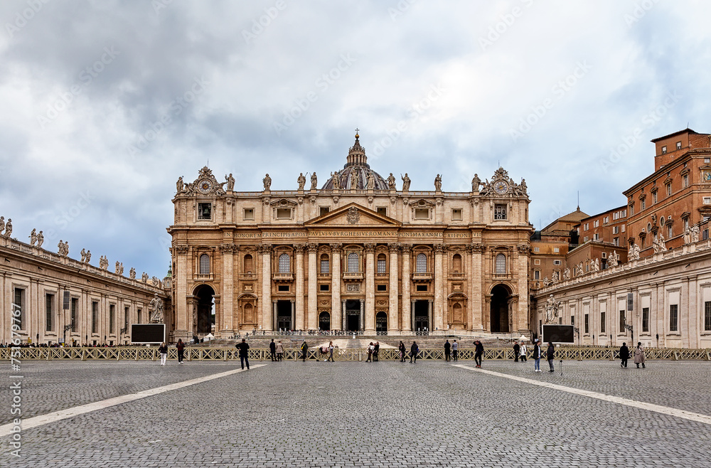Saint Peter Basilica and Saint Peter's Square (Piazza San Pietro) in Vatican City at Rome, Italy.