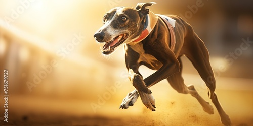 Extreme close-up of sprinting greyhound dog in competition race