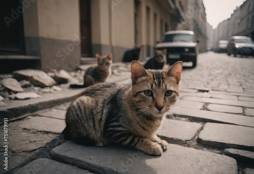 A group of stray cats in an old abandoned town, houses dilapidated, possibly after the war.