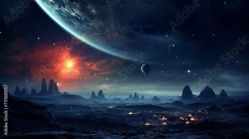 Alien planet landscape with a fiery sky, glowing moons and a desolate terrain, creating a sense of isolation and wonder