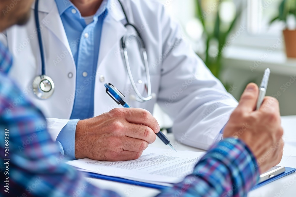 A male doctor in a white coat discusses medical reports with a patient, suggesting a serious consultation A male doctor in a white coat discusses medical reports with a patient, suggesting a serious consultation