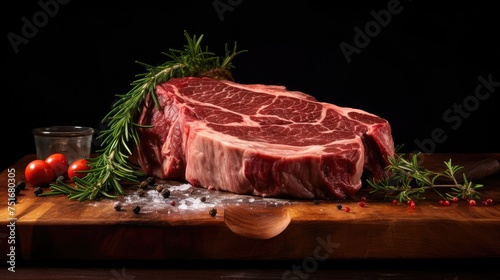 steak banner. ribeye steak, raw fresh meat on wooden board on dark background. 