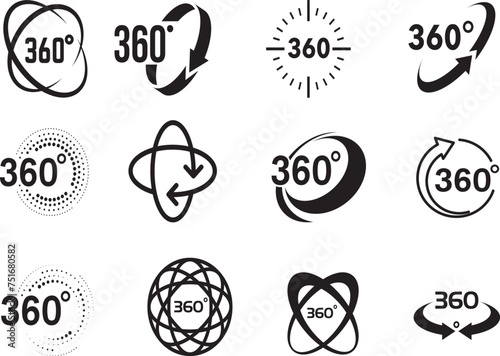 Vector icon set. Round signs with arrows rotation to 360 degrees. Rotate symbol isolated on transparent background. Vector illustration.