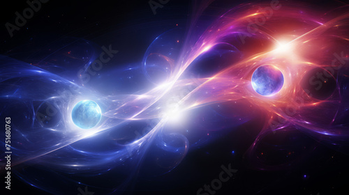 This abstract image shows a dynamic interaction between two celestial bodies surrounded by colorful energy fields photo