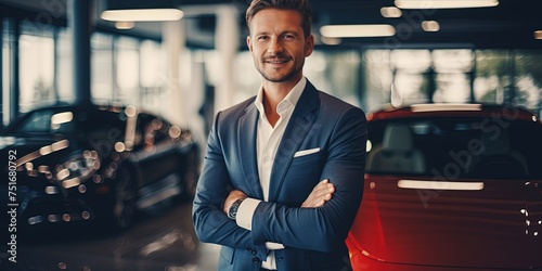 Professional luxury car salesman in luxury showroom. Smiling salesman in showroom. Expensive car. Car dealer business. Automotive industry. Luxury car agent. © Svitlana