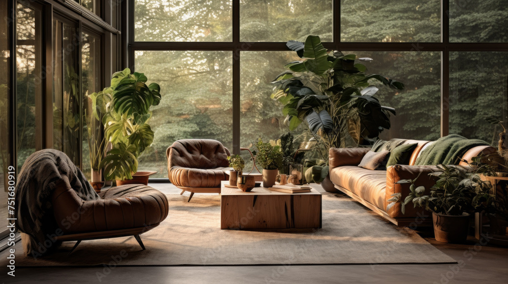 A stylish living room with a natural vibe, showcasing a Biophilic design with natural textures and green hues A stylish living room with a natural vibe, showcasing a Biophilic design with natural textures and green hues
