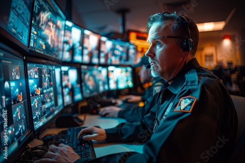Security Officer Monitoring Multiple Surveillance Screens