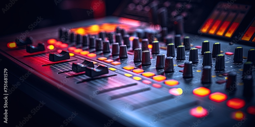 Audio mixing console in a recording session. shallow depth of field.