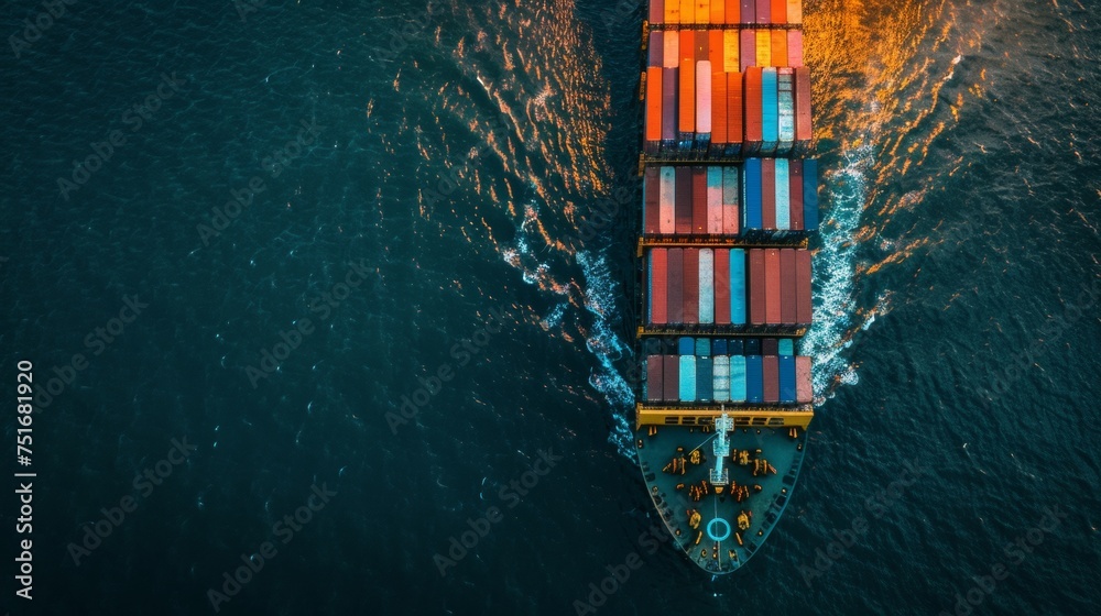 A large container cargo ship across the sea. Freight transportation. A large container cargo ship across the sea. Freight transportation.