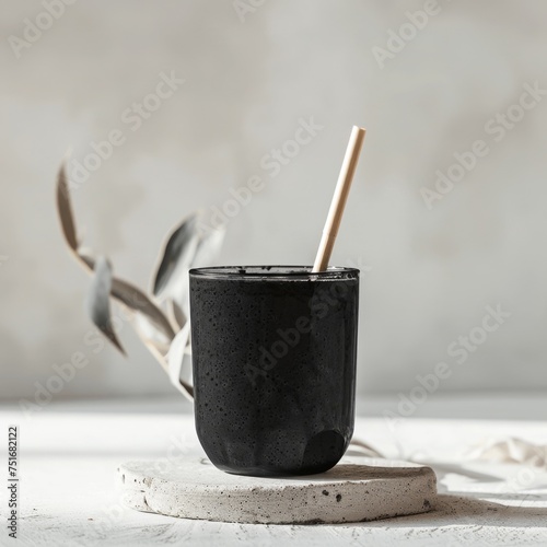 Charcoal smoothie in a matte black ceramic cup with a bamboo straw, artistic shadow play. Zen minimalism concept. Design for wellness blog, sustainable living guide, poster
