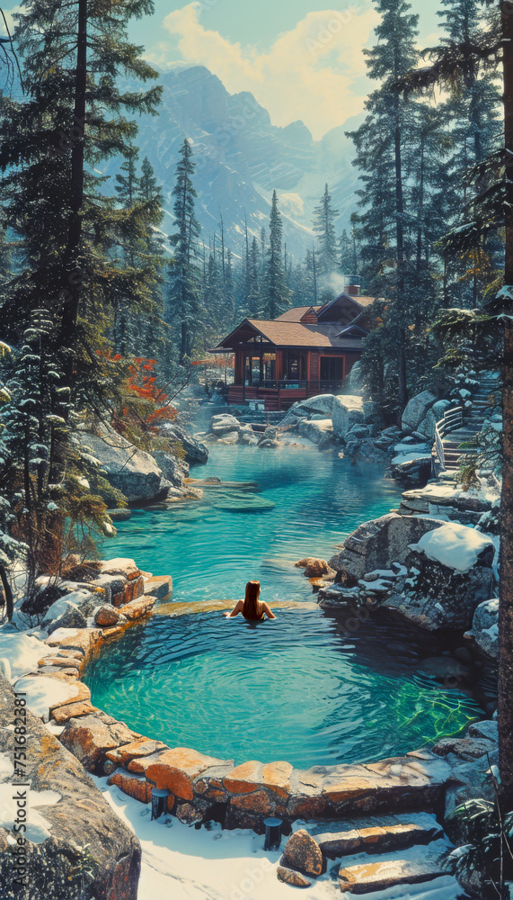 Woman in a thermal pool overlooking a Winter Pine Forest. Hot Spring Pool in spa Alaskan wilderness. Woman in a thermal pool overlooking a Winter Pine Forest. Hot Spring Pool in spa Alaskan wilderness.