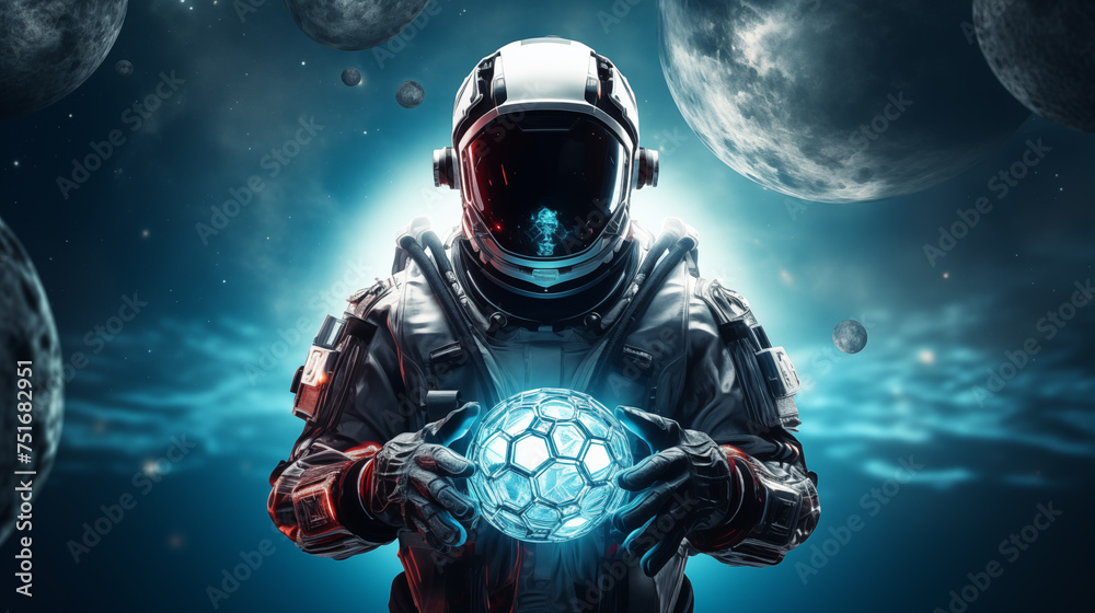 Fototapeta premium Futuristic astronaut holding cosmic glowing energy sphere with multiple moons and nebulous backdrop, symbolizing cosmic power