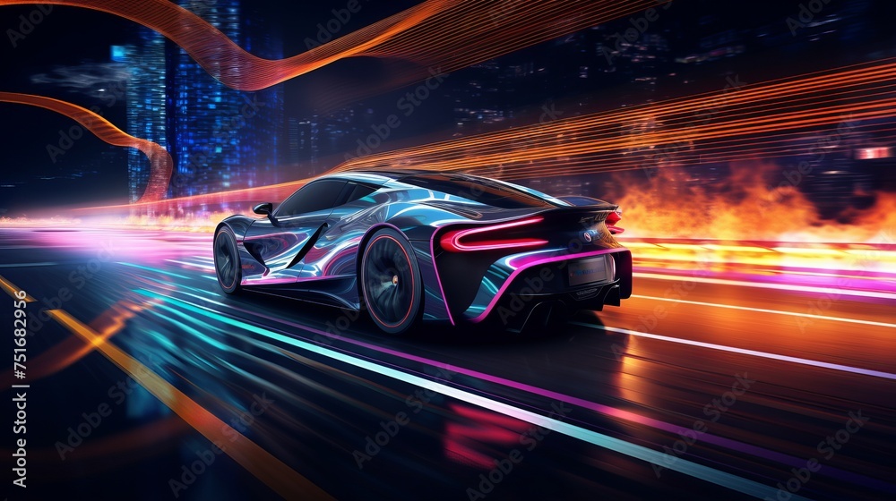 A futuristic sports car speeds along a neon-lit highway, with vibrant lights and trails illuminating the night track. Rendered in 3D.