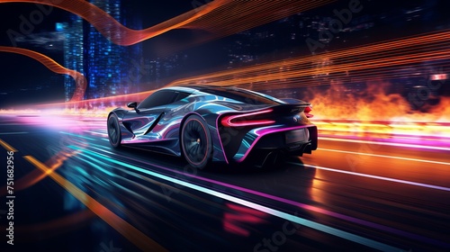 A futuristic sports car speeds along a neon-lit highway, with vibrant lights and trails illuminating the night track. Rendered in 3D. © Elchin Abilov